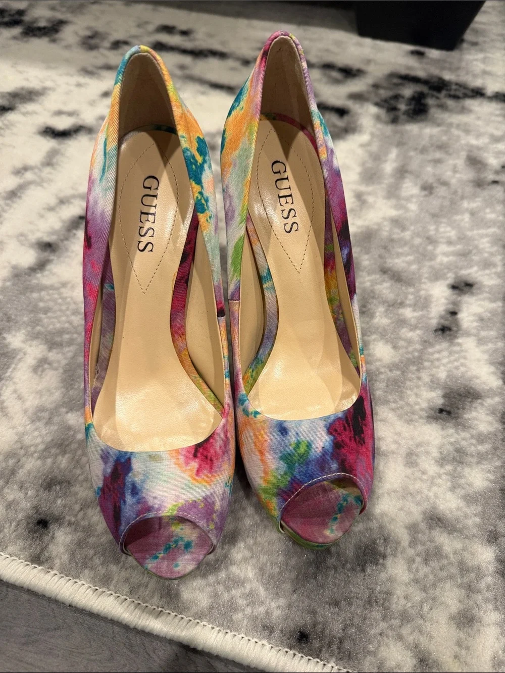 Guess Multi-Color Tie-Dye Peep-Toe Platform Heels